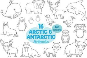 Set of 16 arctic and antarctic animals for coloring in cartoon style Vector Illustration