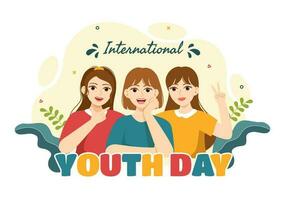 Happy International Youth Day Vector Illustration with Young Boys and Girls Togetherness in Flat Cartoon Hand Drawn Cute Background Templates