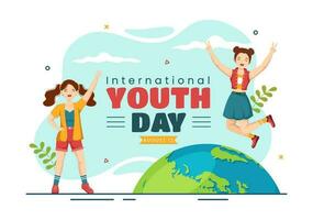 Happy International Youth Day Vector Illustration with Young Boys and Girls Togetherness in Flat Cartoon Hand Drawn Cute Background Templates