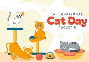 internacional gato día vector ilustración en agosto 8 con gatos animales amor celebracion en plano dibujos animados mano dibujado antecedentes plantillas