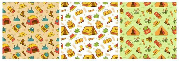 Set of Summer Camp Seamless Pattern Design of Camping and Traveling Element in Template Hand Drawn Cartoon Flat Illustration vector