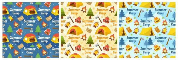 Set of Summer Camp Seamless Pattern Design of Camping and Traveling Element in Template Hand Drawn Cartoon Flat Illustration vector