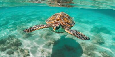 . . Photo realistic illustration of diving turtle under sea. Graphic Art