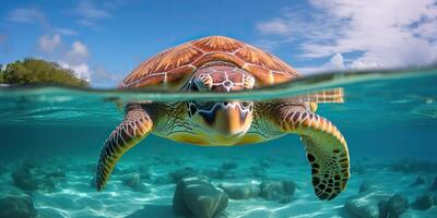 . . Photo realistic illustration of diving turtle under sea. Graphic Art