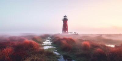 AI Generated. AI Generative. Photo illustration of red lighthouse in field. Adventure vibe. Graphic Art