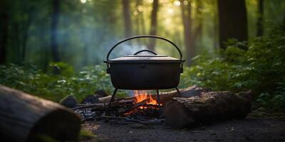 ai generado. ai generativo. cámping descanso comida cena cocinar en el verde bosque. aventuras salvaje bushcraft explorar onda. gráfico Arte foto