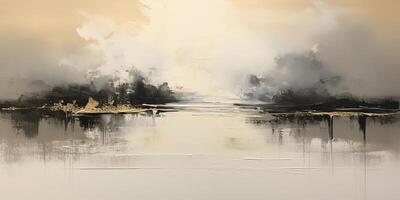 . . Illustration of oil drawing on canvas vintahe geometric illusion in minimal nature lake forest mountain style. Graphic Art photo