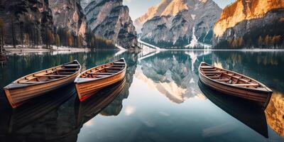 . . Boats on the Braies Lake in Dolomites mountains illustration. Romantic vacation vibe. Graphic Art photo