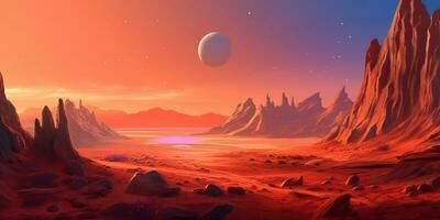 AI Generated. AI Generative. Mars planet landscape surface galaxy space future view scene. Comics illustration style. Graphic Art photo