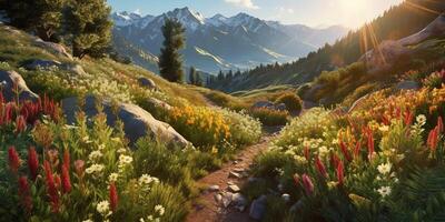 . . Beautiful flowers foliage mountain foliage path landscape adventure. Graphic Art photo