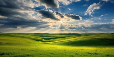 . . Photo realistic Illustration of green field grass hills landscape. Graphic Art