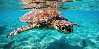 . . Photo realistic illustration of diving turtle under sea. Graphic Art