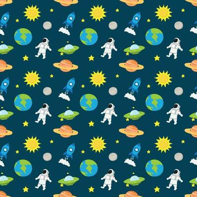 cute astronaut space seamless pattern. vector outer space illustration. seamless pattern with cartoon space rockets, planets, stars and sun.
