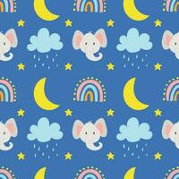 seamless vector pattern with cute elephants, stars, clouds, rainbow and moon on blue background.