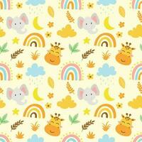 cute vector seamless pattern with safari animals, elephant, giraffe and rainbow. Endless background in childish style for fabric, textile, children