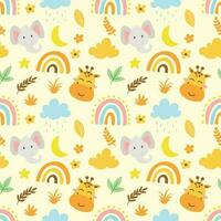 cute vector seamless pattern with safari animals, elephant, giraffe and rainbow. Endless background in childish style for fabric, textile, children