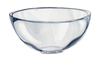 Glass bowl, transparent dish. Tableware for table setting. Watercolor illustration drawn by hands. Isolated. png