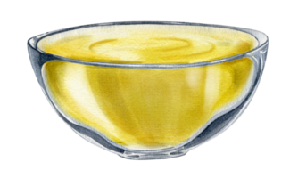 A bowl of olive oil. Plate with yellow liquid. Vegetarian organic food. Fresh organic extra virgin olive oil. Watercolor hand drawn illustration. Isolated. For menu, packaging design png