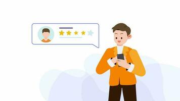 zakenman drukken smartphone met vier sterren beoordeling animatie. jong Mens tevreden klanten geven beoordeling sterren Aan smartphones. video