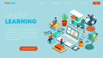 Isometric online education concept in modern flat design. Landing page template for training courses, tutorials, and lectures. Vector illustration for web banner and website.