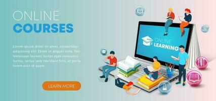 Concept of online education in modern design. Landing page template with people reading books while sitting on a laptop. Training courses, tutorials, lectures. Vector illustration for web banner