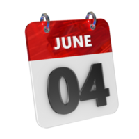 juni 4 datum 3d icoon geïsoleerd, glimmend en glanzend 3d weergave, maand datum dag naam, schema, geschiedenis png