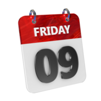 Friday 9 Date 3D Icon Isolated, Shiny and Glossy 3D Rendering, Month Date Day Name, Schedule, History png