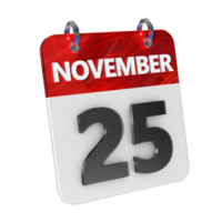 november 25 datum 3d icoon geïsoleerd, glimmend en glanzend 3d weergave, maand datum dag naam, schema, geschiedenis png