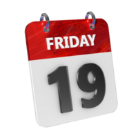 Friday 19 Date 3D Icon Isolated, Shiny and Glossy 3D Rendering, Month Date Day Name, Schedule, History png