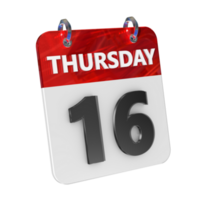 Thursday 16 Date 3D Icon Isolated, Shiny and Glossy 3D Rendering, Month Date Day Name, Schedule, History png