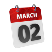 March 2 Date 3D Icon Isolated, Shiny and Glossy 3D Rendering, Month Date Day Name, Schedule, History png