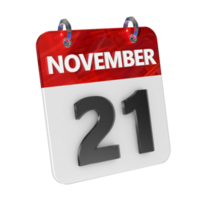 novembre 21 Date 3d icône isolé, brillant et brillant 3d le rendu, mois Date journée nom, calendrier, histoire png