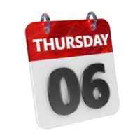 Thursday 6 Date 3D Icon Isolated, Shiny and Glossy 3D Rendering, Month Date Day Name, Schedule, History png