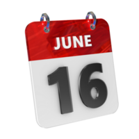 juin 16 Date 3d icône isolé, brillant et brillant 3d le rendu, mois Date journée nom, calendrier, histoire png