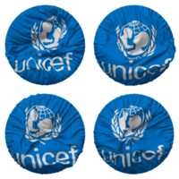 Verenigde landen kinderen fonds, unicef vlag in ronde vorm geïsoleerd met vier verschillend golvend stijl, buil textuur, 3d renderen png
