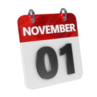 novembre 1 Date 3d icône isolé, brillant et brillant 3d le rendu, mois Date journée nom, calendrier, histoire png