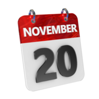 november 20 datum 3d icoon geïsoleerd, glimmend en glanzend 3d weergave, maand datum dag naam, schema, geschiedenis png