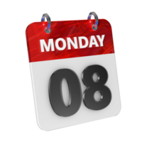 Monday 8 Date 3D Icon Isolated, Shiny and Glossy 3D Rendering, Month Date Day Name, Schedule, History png