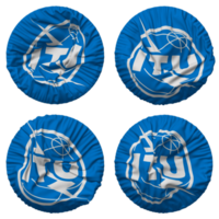 international télécommunication syndicat, itu drapeau dans rond forme isolé avec quatre différent agitant style, bosse texture, 3d le rendu png