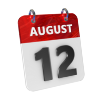 augustus 12 datum 3d icoon geïsoleerd, glimmend en glanzend 3d weergave, maand datum dag naam, schema, geschiedenis png