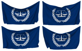 internacional delincuente corte, icc clavado bandera desde esquinas, aislado con diferente ondulación variaciones, 3d representación png