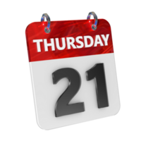 Thursday 21 Date 3D Icon Isolated, Shiny and Glossy 3D Rendering, Month Date Day Name, Schedule, History png