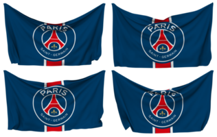 París Santo germain fútbol americano club clavado bandera desde esquinas, aislado con diferente ondulación variaciones, 3d representación png