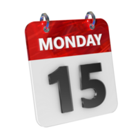 måndag 15 datum 3d ikon isolerat, skinande och glansig 3d tolkning, månad datum dag namn, schema, historia png