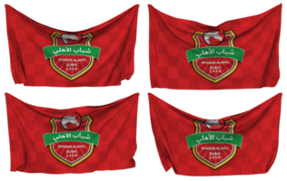 Shabab Al Ahli Football Club Pinned Flag from Corners, Isolated with Different Waving Variations, 3D Rendering png