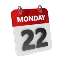 Monday 22 Date 3D Icon Isolated, Shiny and Glossy 3D Rendering, Month Date Day Name, Schedule, History png