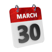Mars 30 datum 3d ikon isolerat, skinande och glansig 3d tolkning, månad datum dag namn, schema, historia png