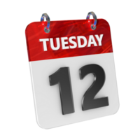 Tuesday 12 Date 3D Icon Isolated, Shiny and Glossy 3D Rendering, Month Date Day Name, Schedule, History png