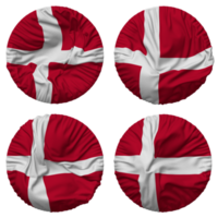 Danmark flagga i runda form isolerat med fyra annorlunda vinka stil, stöta textur, 3d tolkning png