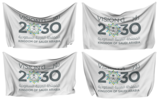 Saudi Vision 2030 festgesteckt Flagge von Ecken, isoliert mit anders winken Variationen, 3d Rendern png